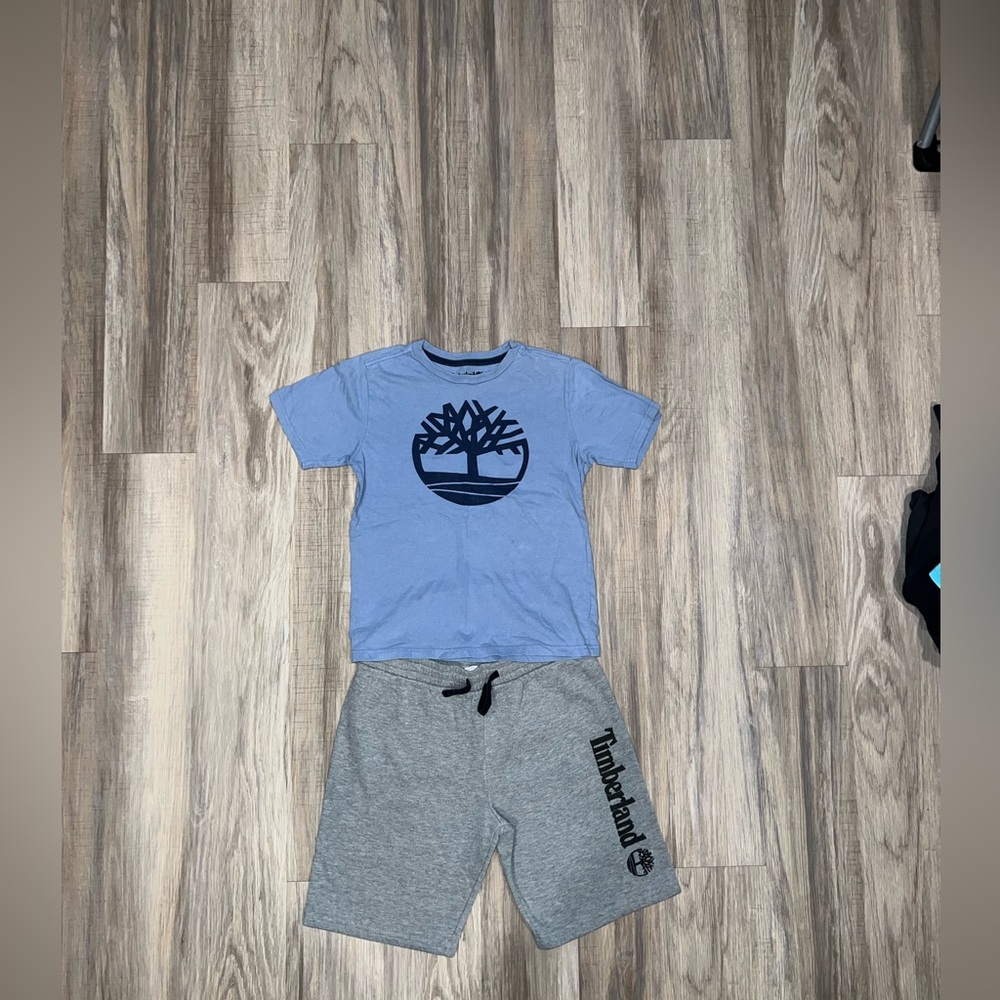 Timberland Light Blue Tee and Gray Shorts Set